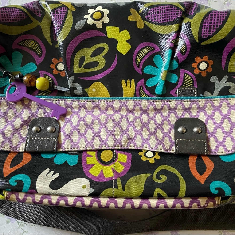 FOSSIL key-per canvas coated large crossbody messenger bag floral